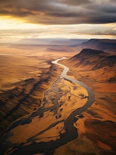 a river runs through a valley at sunset