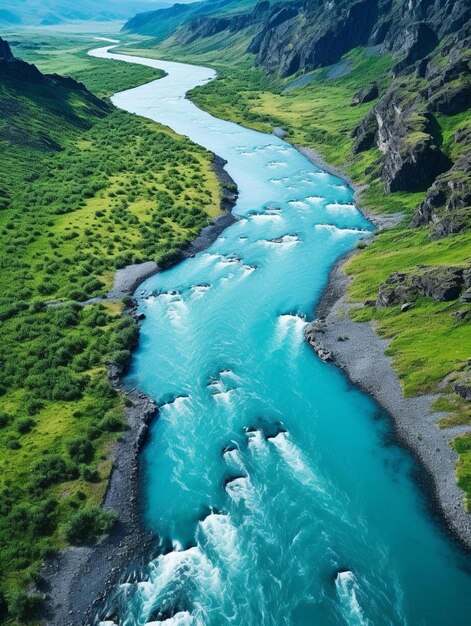 Photo a river runs through a valley with a green river