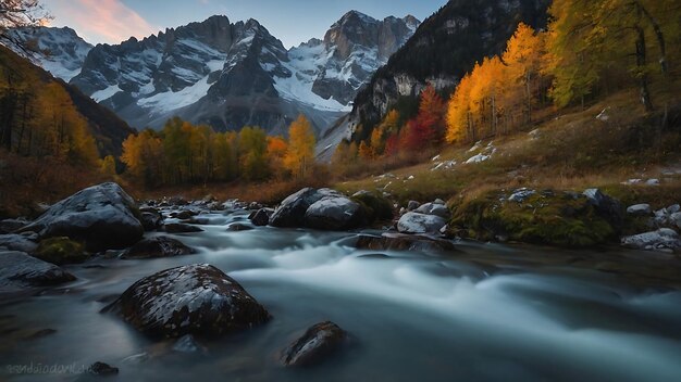 a river runs through a valley with a mountain in the background