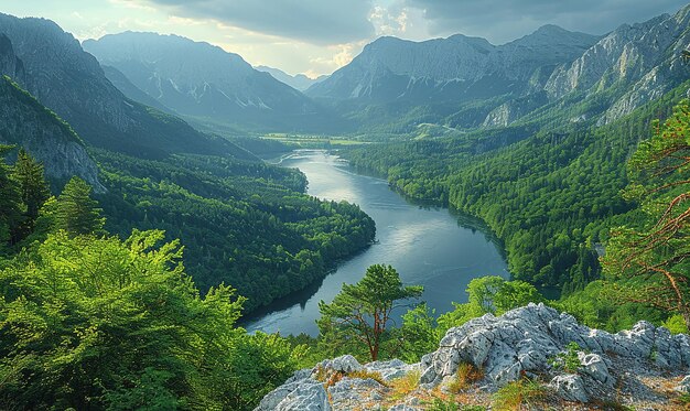 a river runs through a valley with a mountain in the background