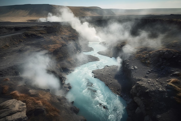 A river runs through a valley with a mountain in the background.