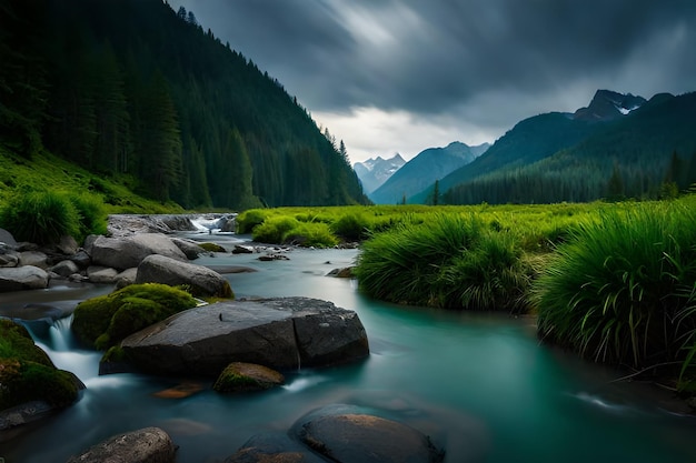 a river runs through a valley with a mountain in the background.