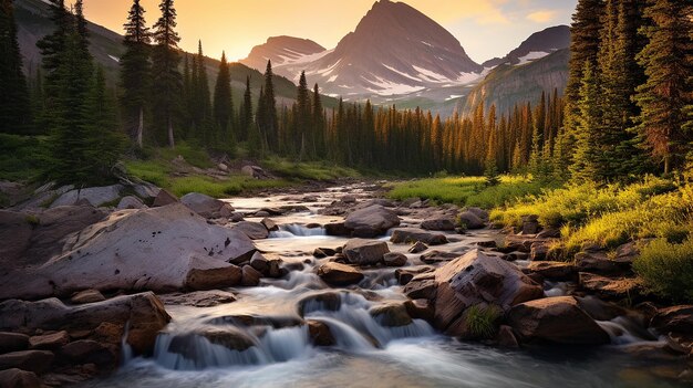 a river runs through a valley with a mountain in the background