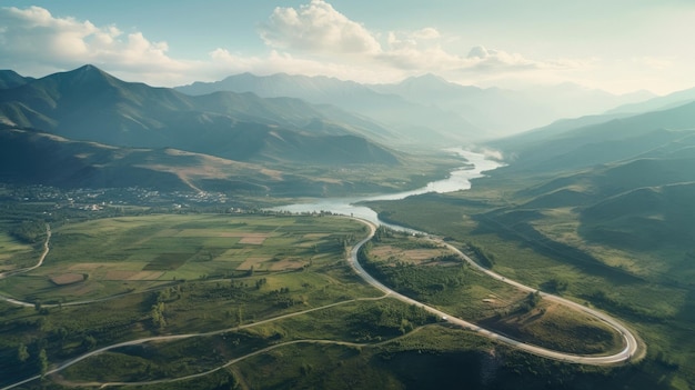 A river runs through a valley with mountains in the background.