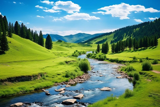 Foto un fiume scorre attraverso una valle con le montagne sullo sfondo.