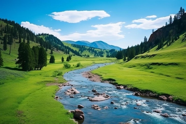 A river runs through a valley with mountains in the background