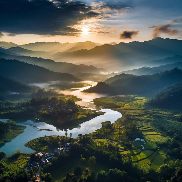 a river runs through a valley with mountains in the background