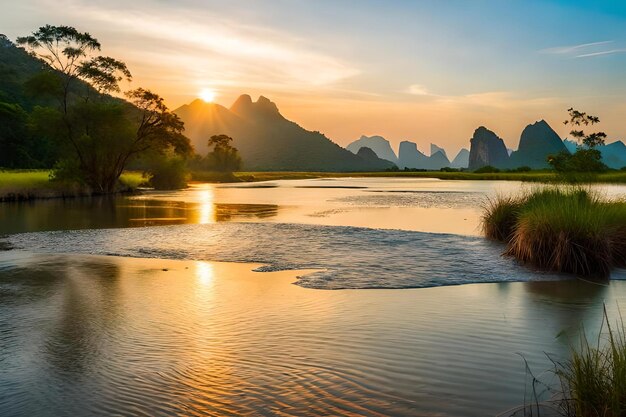 A river runs through a valley with mountains in the background.