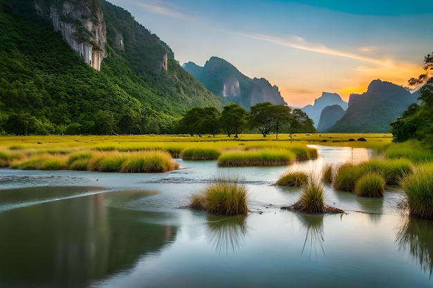 A river runs through a valley with mountains in the background.