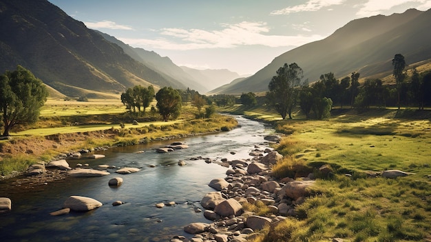 A river runs through a valley with mountains in the background.