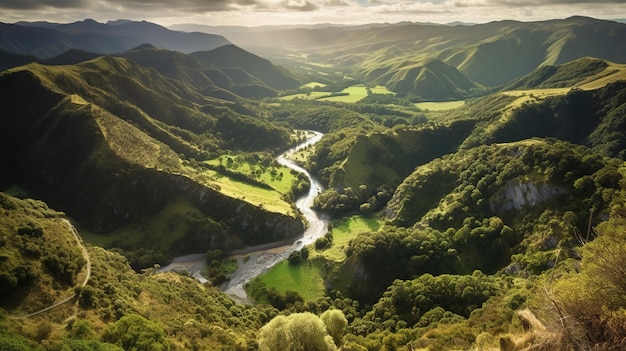 A river runs through a valley with mountains in the background.