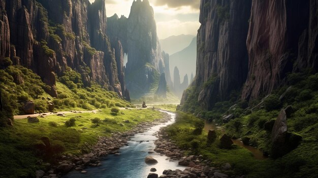 A river runs through a valley with mountains in the background.