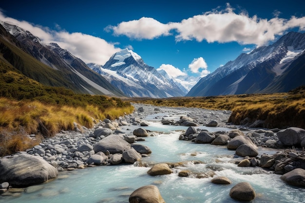 A river runs through a valley with mountains in the background.