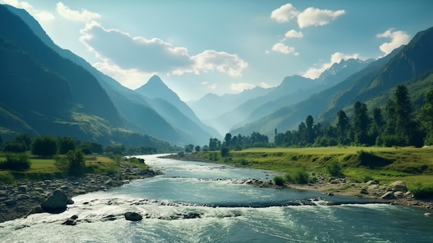 a river runs through a valley with mountains in the background