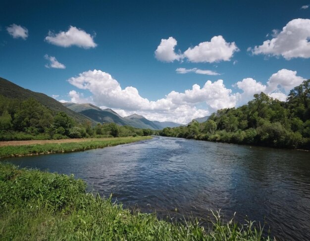 a river runs through a valley with trees and mountains in the background