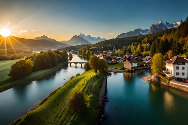 A river runs through a village with a bridge in the background