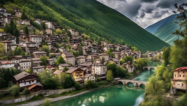 a river runs through a village with a bridge in the background