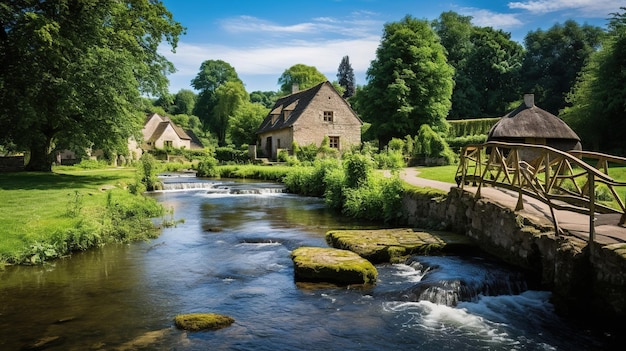 The river runs through the village.