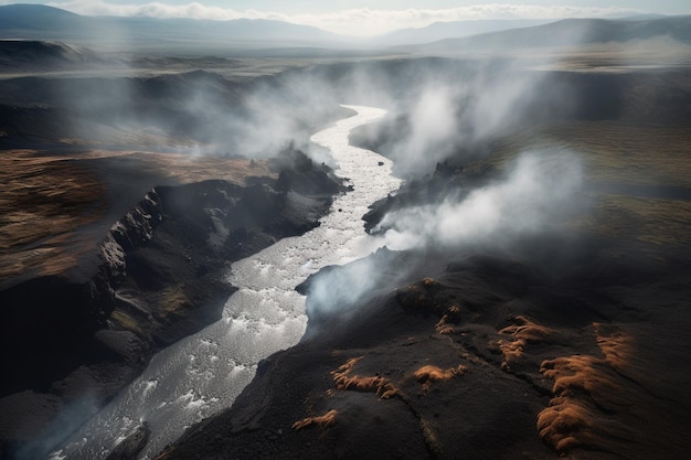 A river runs through a volcanic landscape with smoke coming out of it.