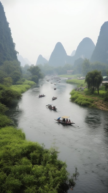 A river scene with a boat and mountains in the background.