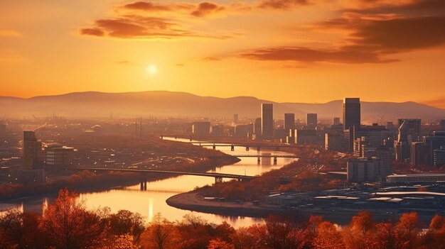 river side city with the sunset panorama 8K HD