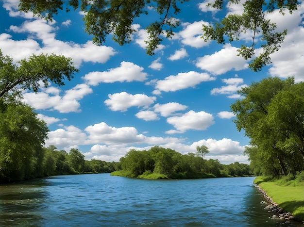 River sky clouds and trees create a picturesque natural scene capturing the beauty of the outdoors