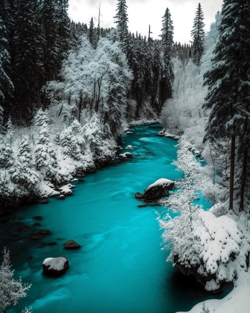 A river in the snow with a blue river in the foreground.