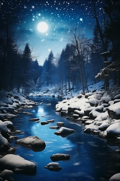 River snowy forest full moon stray blue filter low professional angle deep level twinkling stars