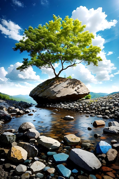 하늘과 구름이 있는 강 돌과 나무 다채로운 돌 강과 나무 잎 숲 인공 지능 생성