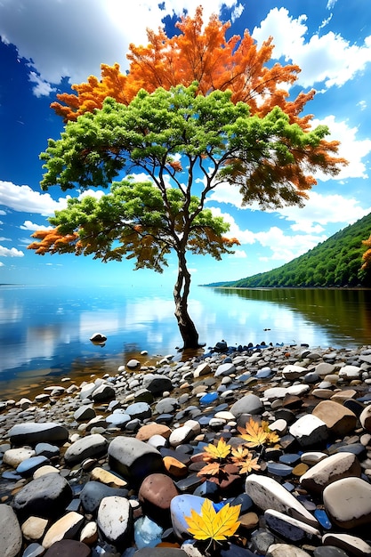 River stone and tree with sky and cloud colorful stone river and tree leaf in forest ai generated