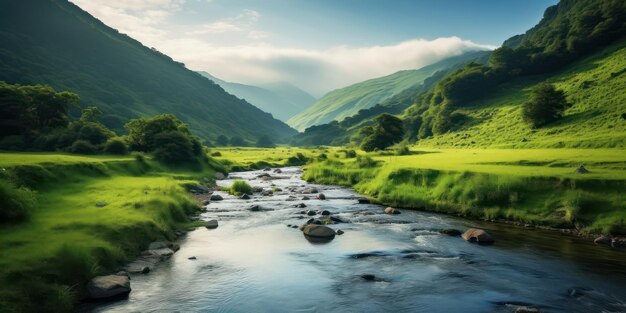 River stream among luxuriant green mountains