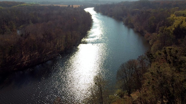 River sun glare on surface of water trees on the banks on a sunny autumn day