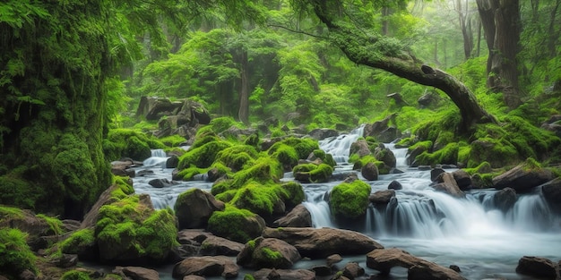 A river surrounded by mossy rocks and trees