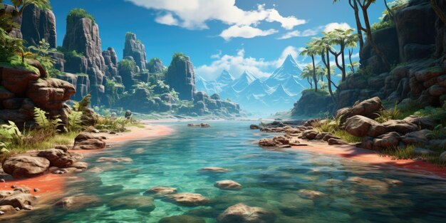 A river surrounded by rocks and palm trees ai