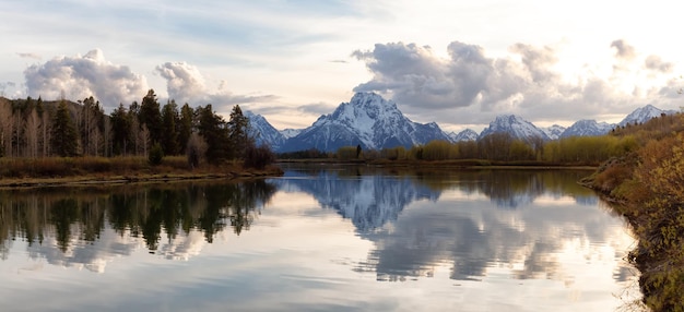 River surrounded by trees and mountains in american landscape