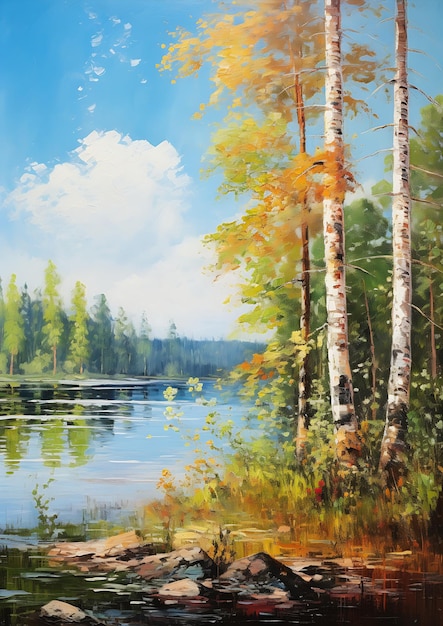 river trees rocks foreground summer siberian forest stands easel highly live lake sunny day