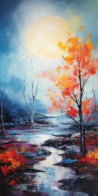 river trees sun background bundle blue paint splash orange fog used bright nocturnal palette moonlit