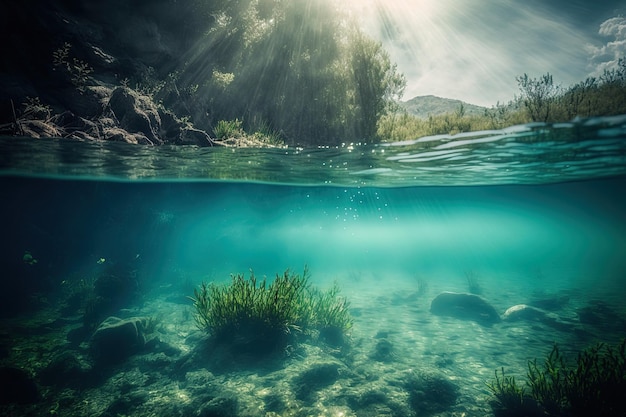 River underwater scene with sun rays abstract underwater scene and new ecology