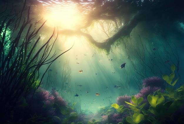 River underwater scene with sun rays and an abstract underwater scene with new ecosystem of plants