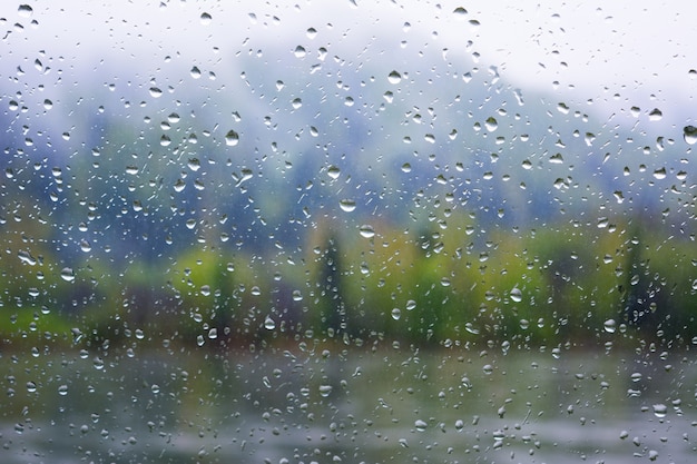 雨の日の窓から川の眺め