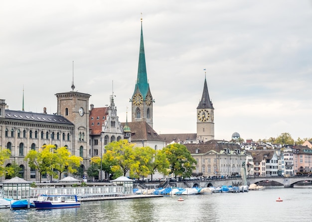 River view of two towers of church in Zurich