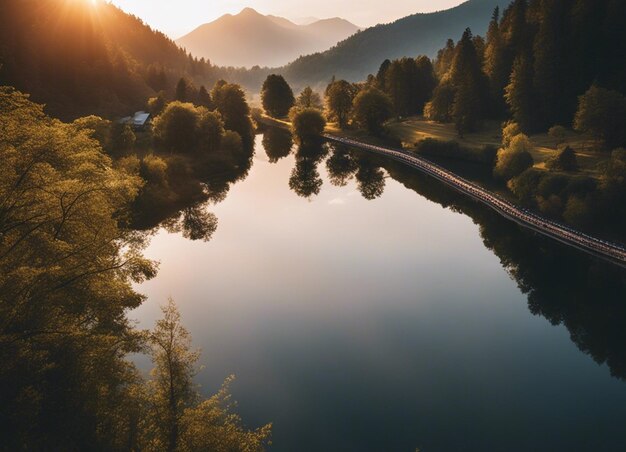 River view with sunset deep forest and mountain