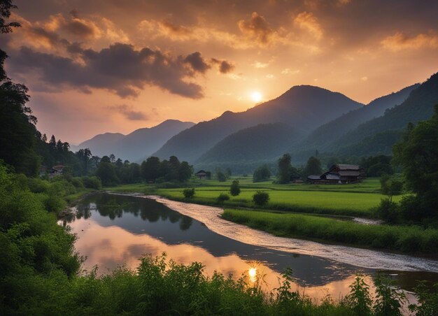 Photo river view with sunset deep forest and mountain