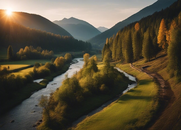 River view with sunset deep forest and mountain