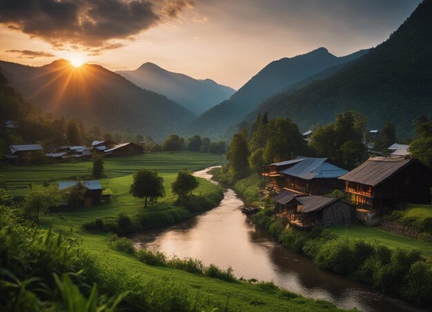 Photo river view with sunset deep forest and mountain