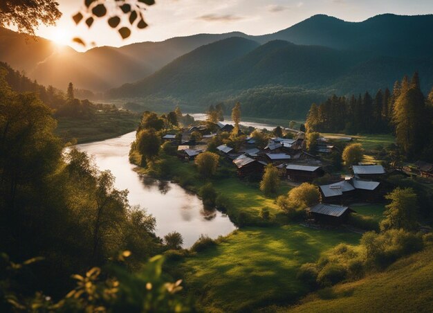 River view with sunset deep forest and mountain