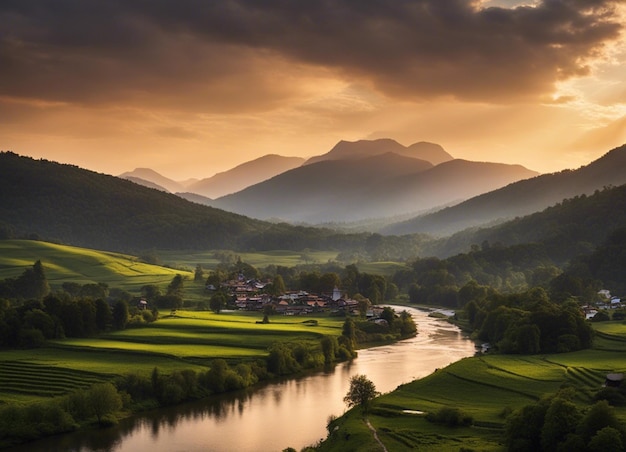 Photo river view with sunset deep forest and mountain