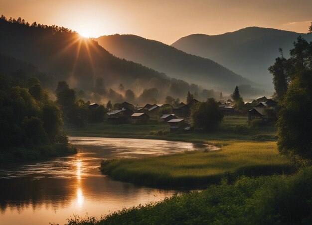 Photo river view with sunset deep forest and mountain