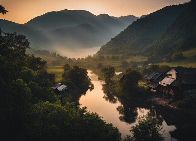 River view with sunset deep forest and mountain