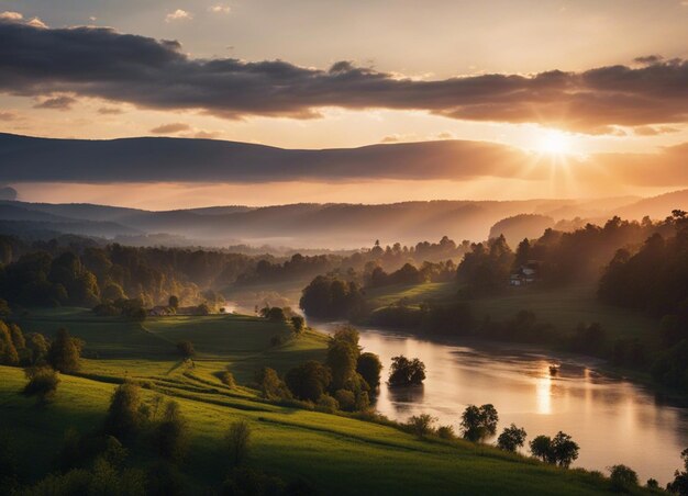 Photo river view with sunset deep forest and mountain